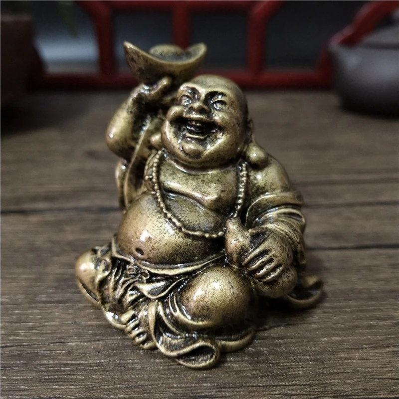 Cor de bronze dinheiro rindo buda estátua ornamentos resina feng shui chinês maitreya buda escultura estatuetas decoração para casa