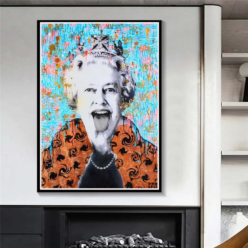 UK Queen Sticking Tongue Out Poster and Prints Cute Pop Graffiti Art Canvas Figure Wall Painting Pictures Room Decor Cuadros