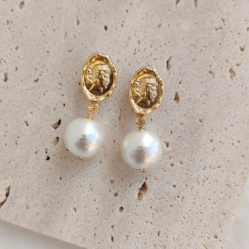 Brass  With 18k Gold Real Pearl Coin Image Earrings Women Jewelry Party T Show Gown Runway Rare Korean Japan Trendy INS Boho