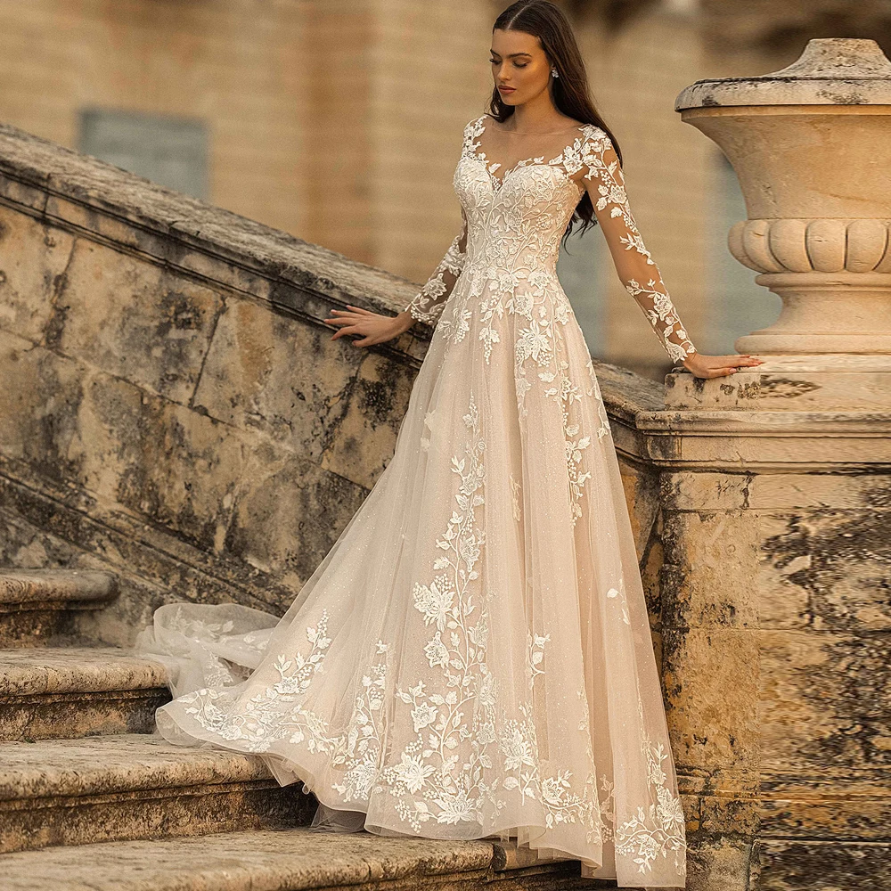 ADLN-Robe de Mariée à Manches sulfet Col Transparent, Ligne A, Champagne, en Dentelle, Nouvelle Collection