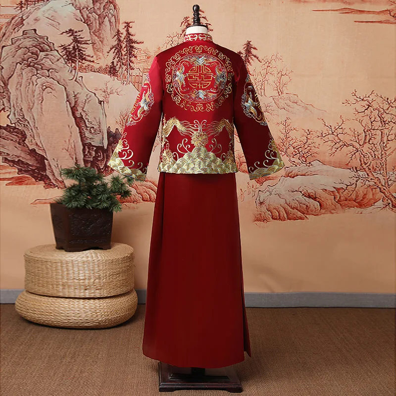 Traje de novio bordado con Dragón, traje de boda, conjunto de matrimonio de estilo chino, ropa de tostado Oriental, novedad