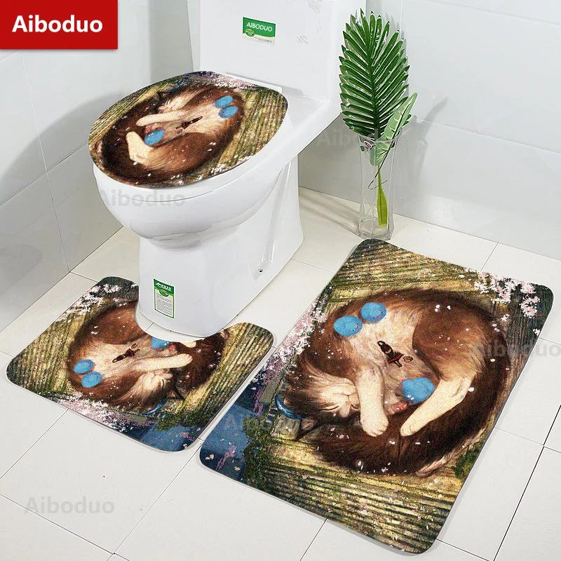 

Cartoon Cute Cat 3pcs/set Toilet Lid Cover Set Non Slip Carpet Kawaii Kitty Bath Mat Restroom Rug Christmas Warm Home Decoration