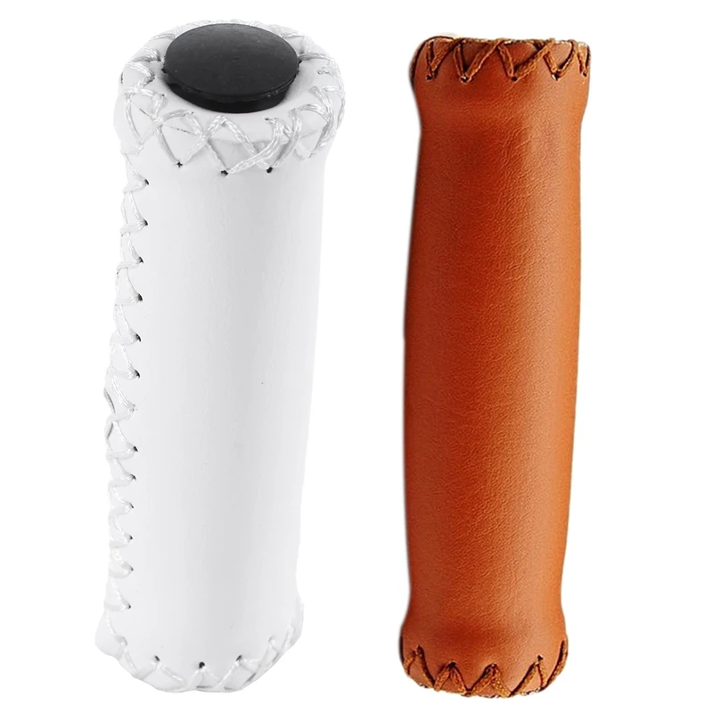 2Pair Vintage Leather Bicycle Grips Grips Trekking Handlebars Cover Colour: White & Brown