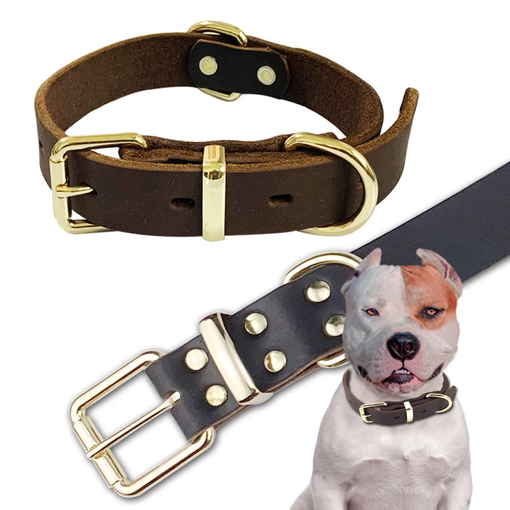 PetCloud Genuine Leather Dog Collar Durable Cowhide Pet Collar For Puppy German Shepherd Labrador Pit Bull Medium Large Dogs