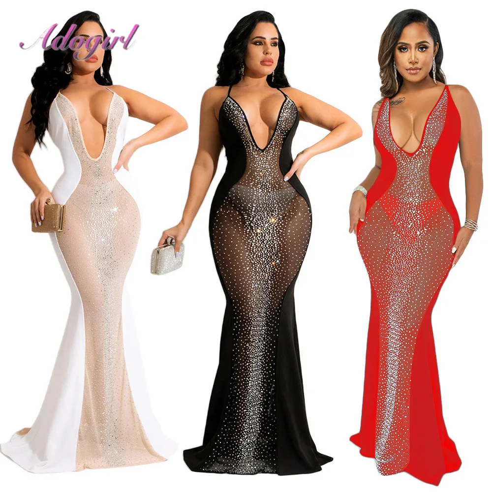 

Sexy Sheer Mesh Patchwork Diamond Maxi Dress with Panties formal party club long dress women strapless v neck backless vestidos