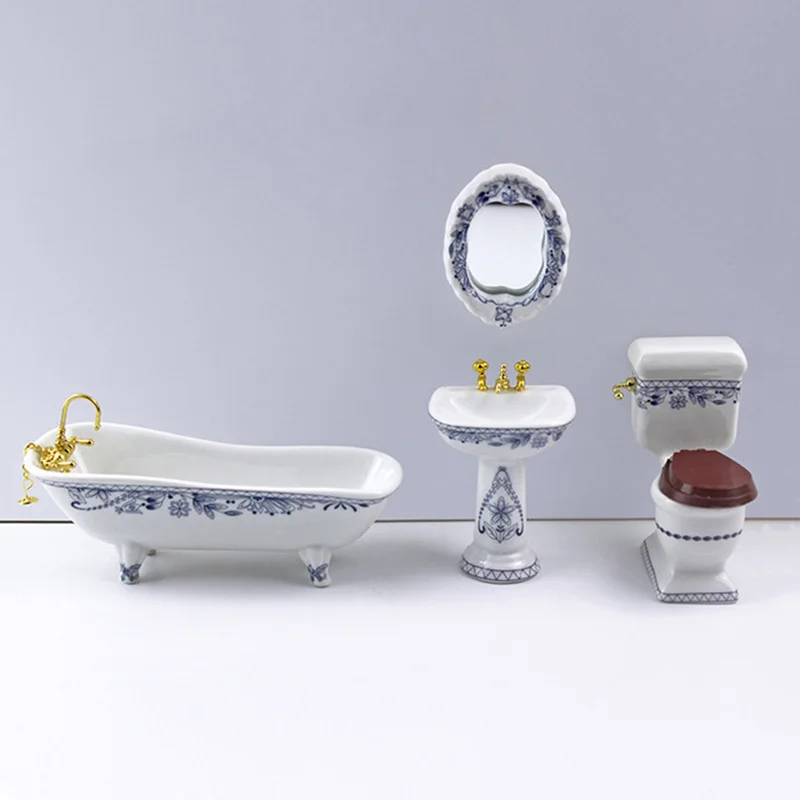 

1/12 Dollhouse Miniature Accessories Mini Bathroom Set Bathtub Mirror Wash Basin Close Stool Model for Doll House Decoration