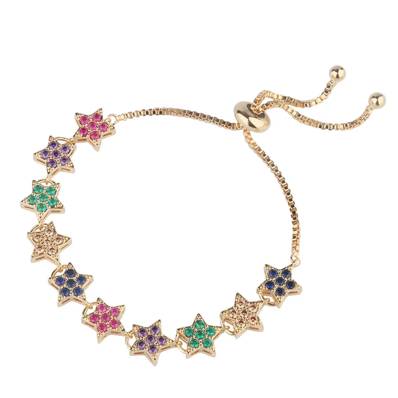 

5pcs/lot Rainbow Jewelry Brass Micro Pave CZ Star Shape Box Chain Adjustable Bracelets