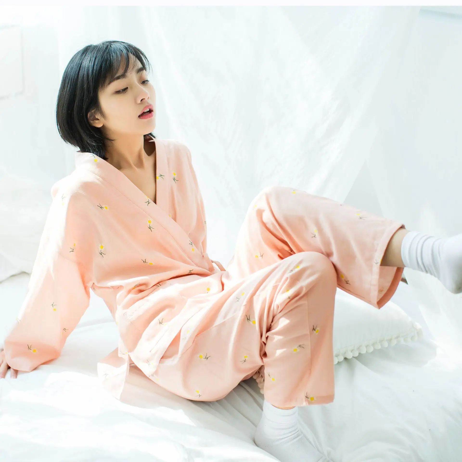 

Japanese High-grade 100% Cotton Gauze Pajama Suit V-Neck Kimono Pajamas Plus Size Floral Printing Sleepwear Loungewear Pj Set