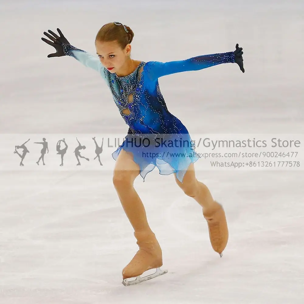 LIUHUO-Vestido de patinação no gelo para meninas, saia azul do Spandex, collant ginástica, vestido de patinação artística para adolescentes