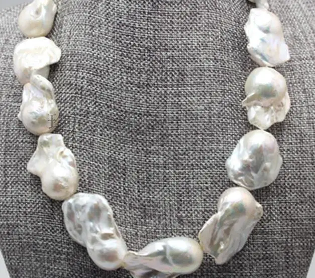 

Huge 18"22-35mm natural south sea genuine white baroque pearl necklace 925silver