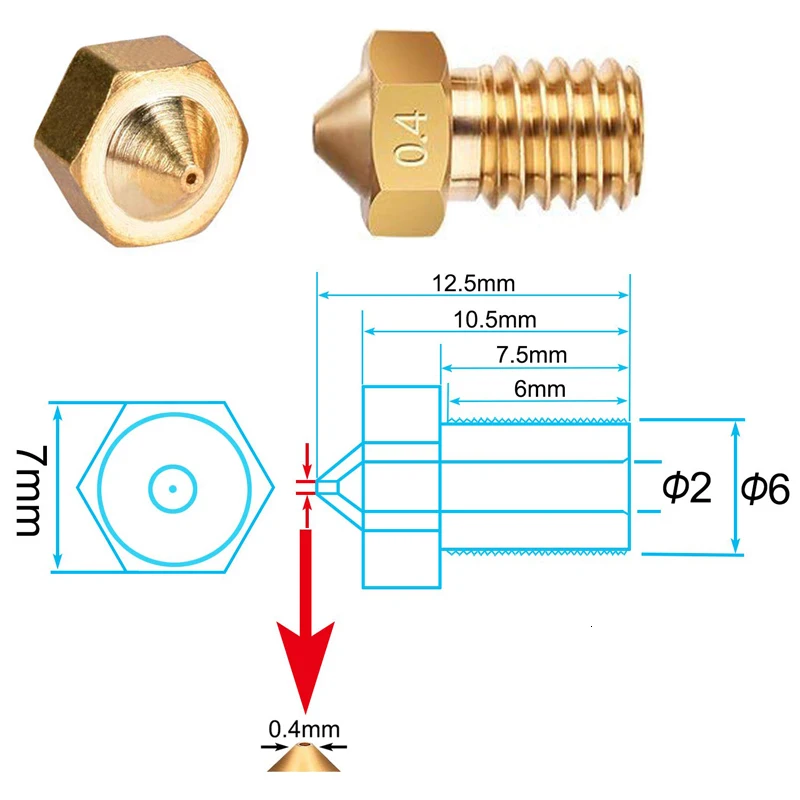 V5 v6 bocal 0.4mm 0.3mm 0.2mm 1.0mm impressoras 3d de cobre peças extrusora rosqueada 1.75mm 3.0mm cabeça do filamento bicos de bronze parte