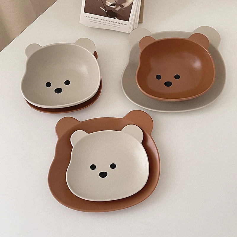 Kawaii Bear Bowl Plate Tableware Ceramics Cute Fruit Noodle Breakfast Salad Bowl Korean Accessories Utensils For Kitchen