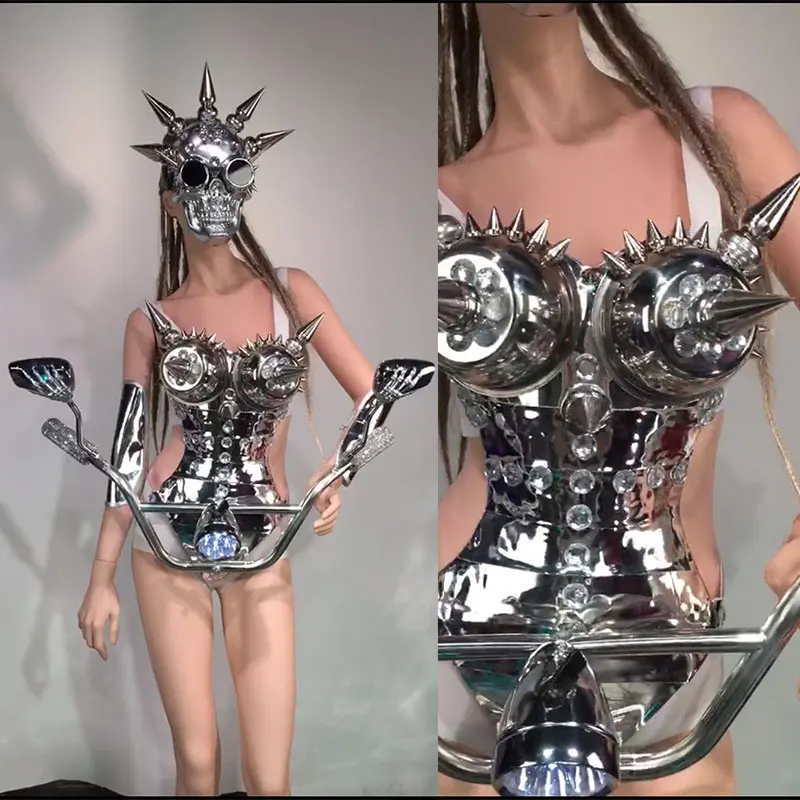 

DS Ballroom Dance Dress Sexy Silver Mirror Locomotive skull head mask costume Party Robot Suit singer space show stage wears