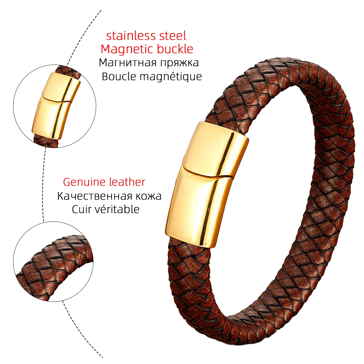 Modischer Herrenschmuck, braunes geflochtenes Lederarmband, Charm-Armband mit magnetischem Verschluss aus Edelstahl, Punk-Armband für Männer, Geschenk. – Detail 3