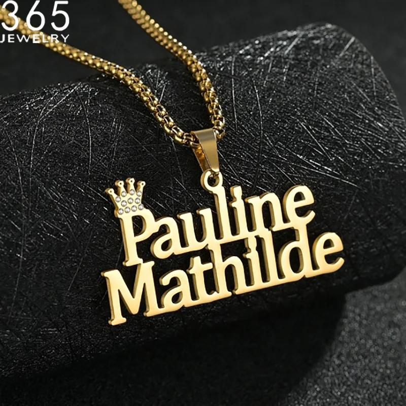 Two Names Personality Necklace Rhinestone Letters Collier Nameplate Necklaces Stainless Steel Personalized Jewelry Collar