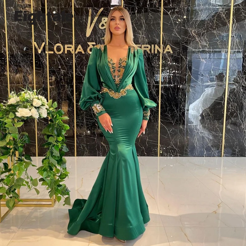 Eightale Eermald Green Evening Dresses 2021 Appliques Beaded Gold Rhonestones Mermaid Prom Gown Long Sleeves Mermaid Party Dress