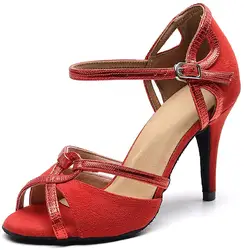 Sapatos de Baile Latino Evkoodance Cow Split Leather para Mulheres e Meninas, Sapatos de Dança Salsa, Vermelho, Lady Party, DYI, 8,5 cm