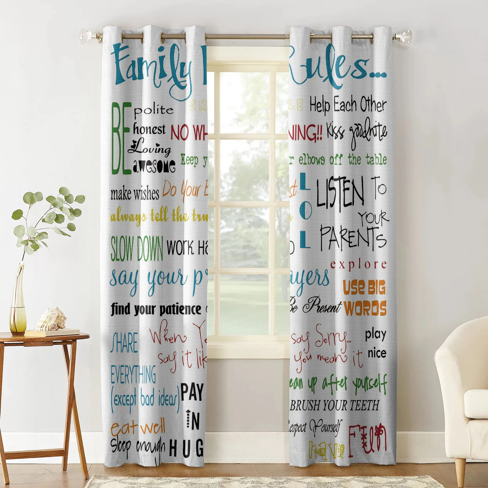 Family Rules Cartoon Art White Blackout Curtains For Living Room Window Curtains For Bedroom Kitchen Curtains Drapes Blinds