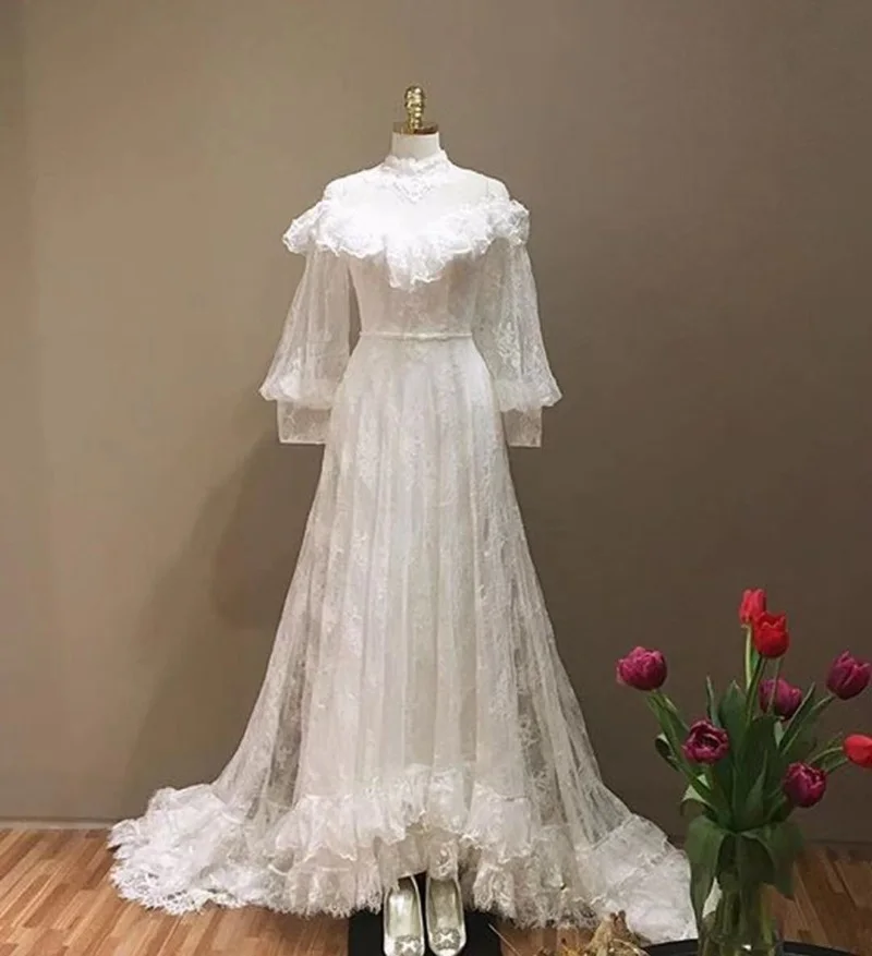 Vestido de noiva branco com manga longa, roupa de casamento com gola alta e renda, estilo nova, 2021