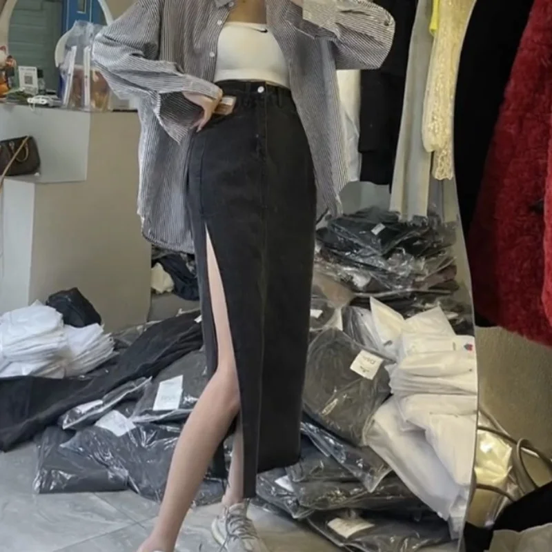 

Split Side Office Lady Fashion Denim Mid-Length Wrap Skirts High Waist Pockets Women Summer New Solid Mid-Calf A-Line Skirts