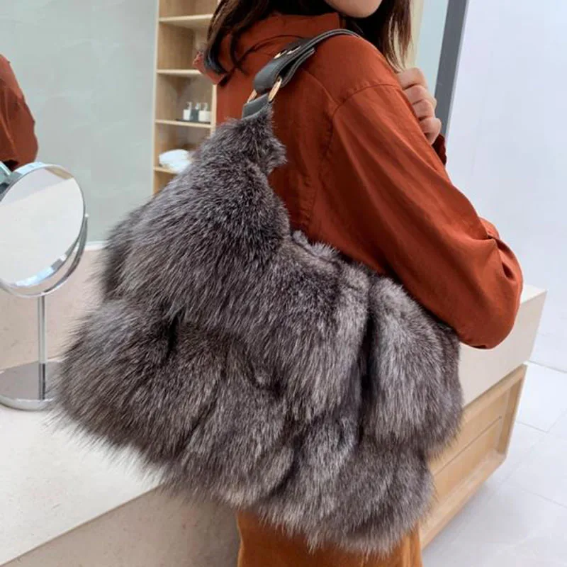 

Women Winter Real Fox Fur Handbag Luxury Genuine Fur Party Bag Tote Designer High Quality Real Silver Fox Fur Handbags Female