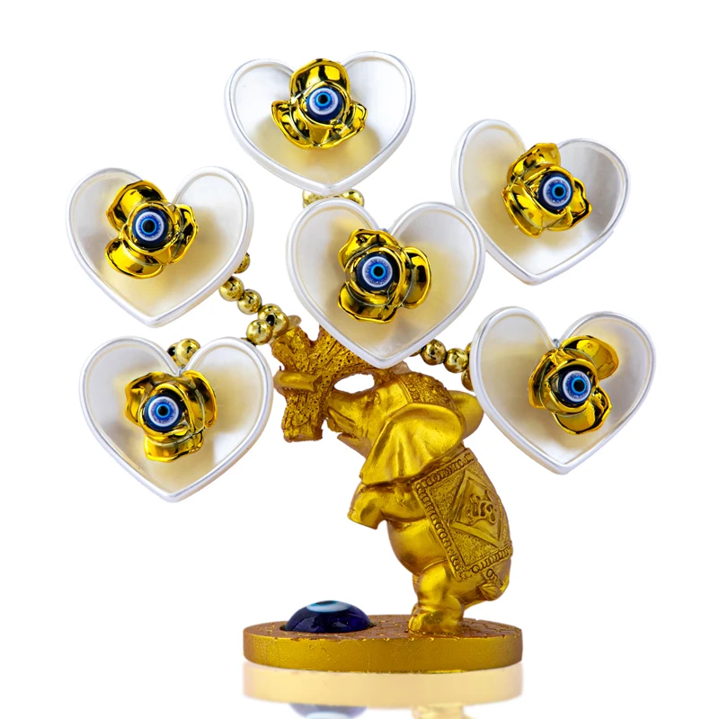 H&D Turkish Blue Evil Eye Fortune Tree with Golden Elephant Figurines White Flowers Showpiece Home Office Protection Decor Gift