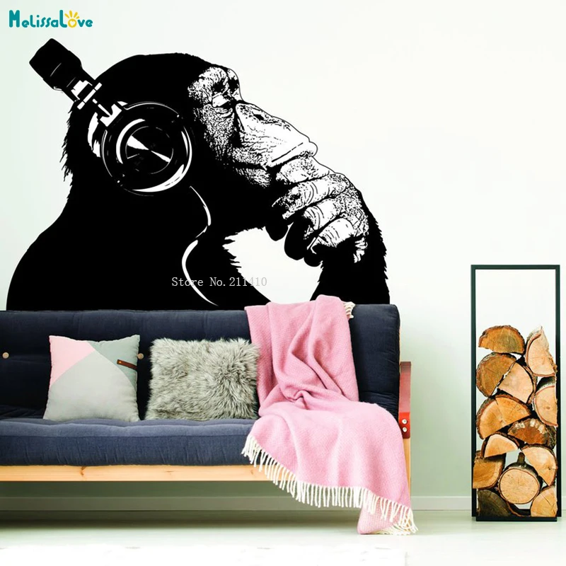 Thinking Monkey Wall Art Sticker Chimp Decals The Thinker Gorilla With Headphones Decor Street Art Graffiti Murals YT1588