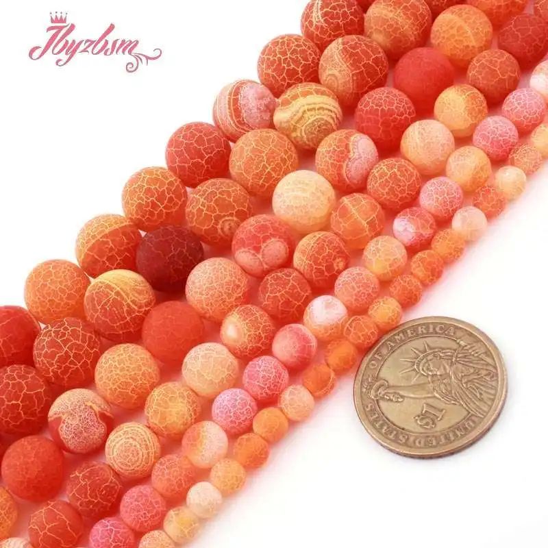 Cuentas sueltas redondas agrietadas de ágata naranja Natural, escarcha mate, cuentas de piedra para bricolaje, collar, pulseras, fabricación de joyas, 15 ", 6 MM, 8 MM, 10MM