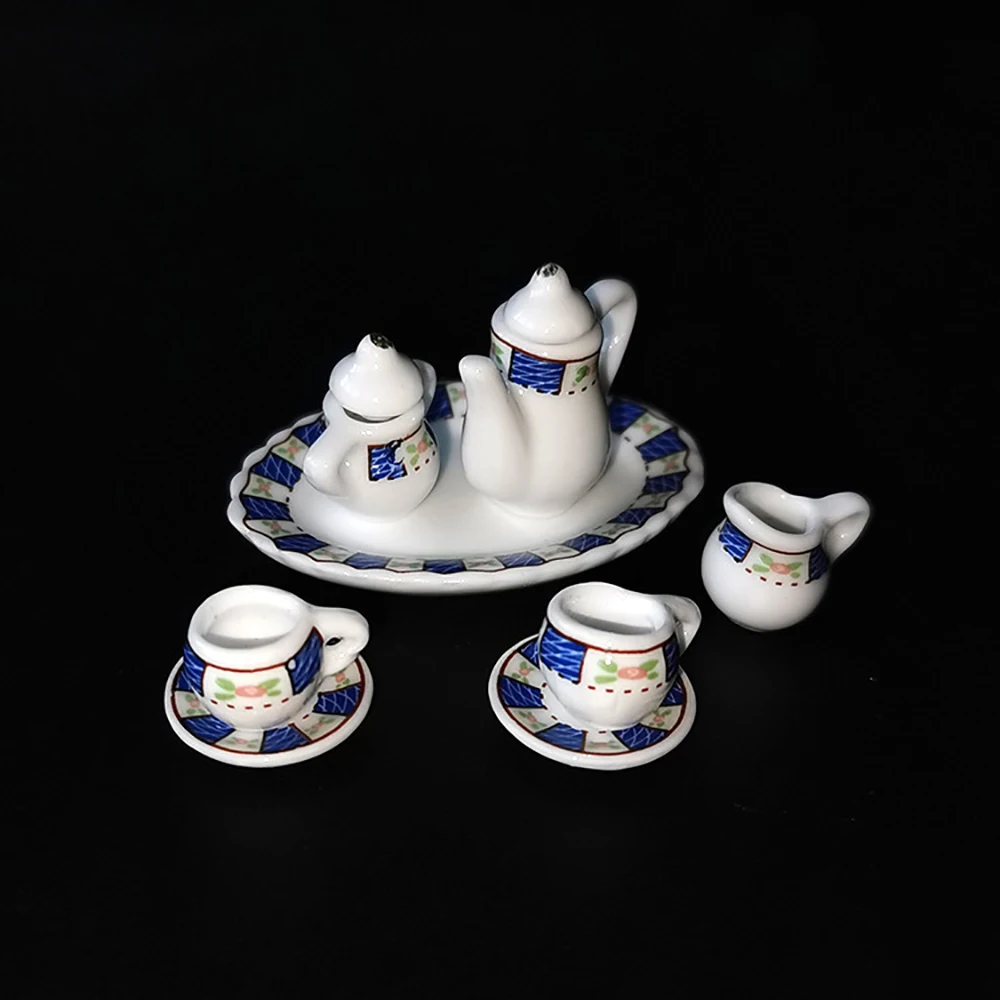 8Pcs 1/12 Dollhouse Miniature Accessories Mini Ceramic Tea Set Simulation Kettle Cup Plate Model for Doll House Decoration ob11