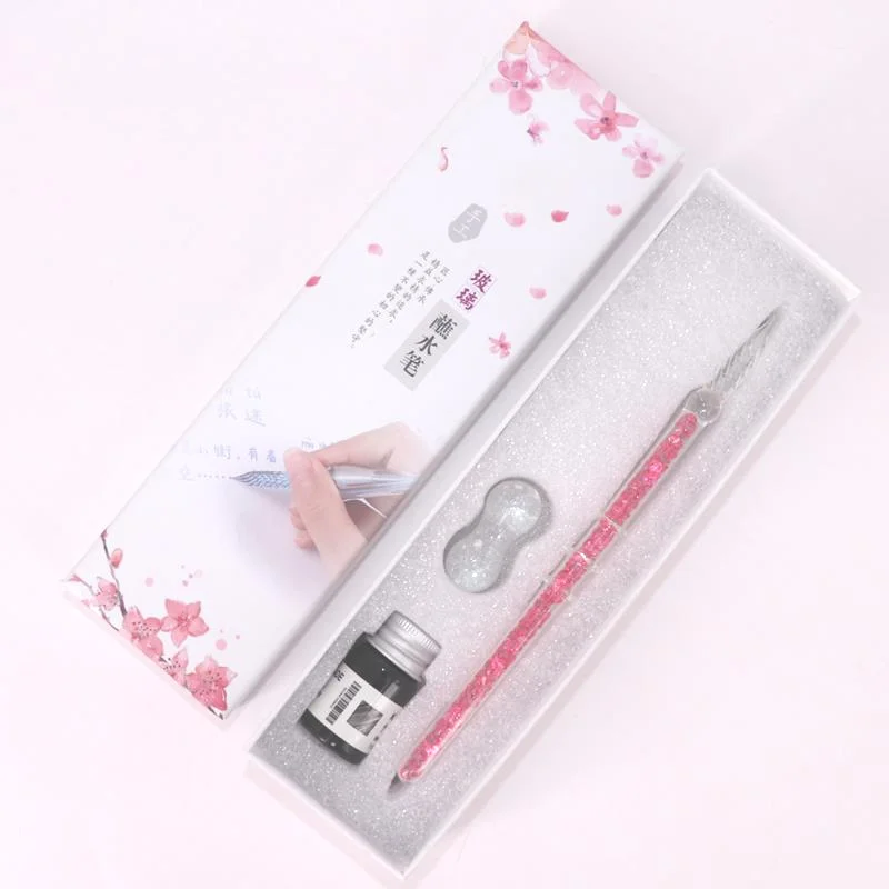 Glass Dip Pen And Ink Set New Hollow Rhinestone Fountain Pens Color Ink Creative Glass Pencil And Blue Dip Pencils Gift Box