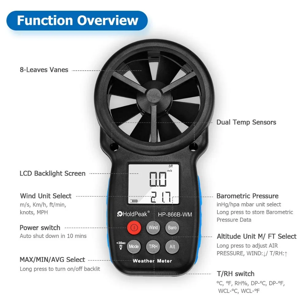 Anemometer HoldPeak HP-866B-WM Wind Speed Meter Digital Sensor Cup Anemometro 30m/s LCD Hand-held Measure tool Air Humidity