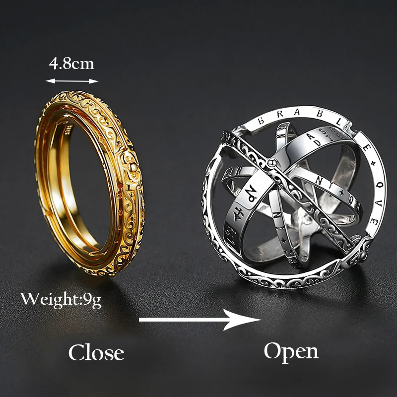 Vintage Astronomical Sphere Ball Ring Foldable Open Rotating Cosmic Letter Finger Rings for Couple Lover Jewelry Gift