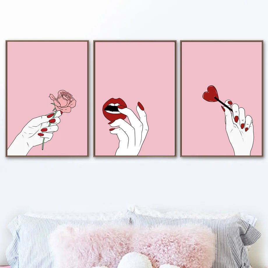 

Girl Finger Lips Flower Posters Wall Art Canvas Painting And Prints Nordic Pink Pictures For Living Room Kids Room Nursery Decor