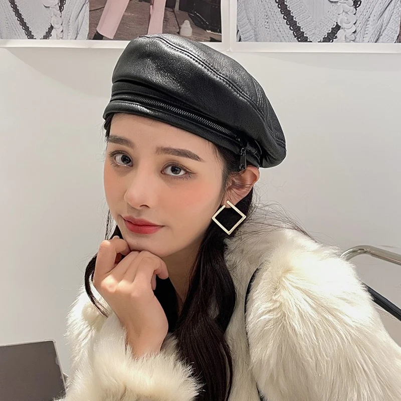 Spring/Winter 100% Real Leather Beret Hat Women Fashion European Pumpkin Painter Caps Female Zipper Decoration Thin Boina