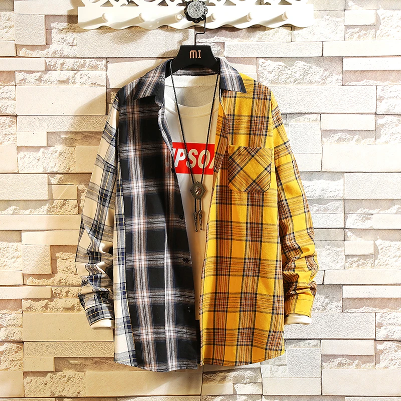 New Plaid Contrast Colour Casual Loose Shirt 2021 Fashion Patchwork Long Sleeve Casual Shirt Hip Hop Street Clothing Men\'s Shirt