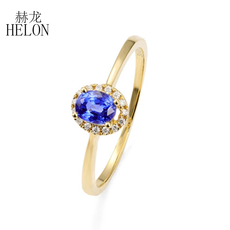 

HELON Solid 14K Yellow Gold/White gold Natural 0.3Ct Sapphire Genuine Diamonds Party Anniversary Ring Bands Gift Trendy Jewelry