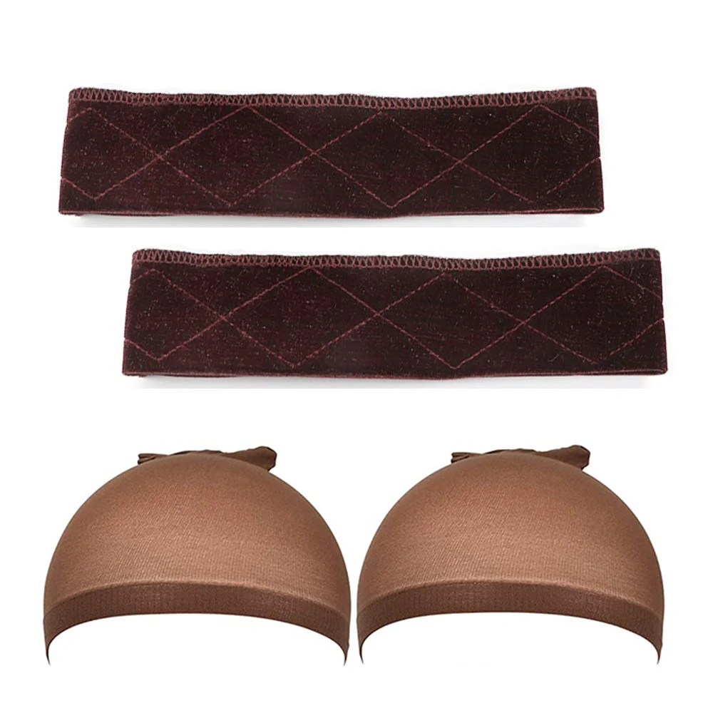 Stocking Perücke Caps Elastische Haarnetz Haar Mesh Und Doppelseitige Samt Perücke Grip Band Komfortable Stirnband Für Spitze Frontal Braun