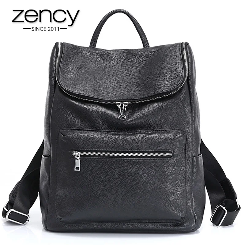 

Zency Unisex Backpack 100% Genuine Leather Large Capacity Travel Outdoor Bag Classic Black Big Knapsack High Quality Schoolbag