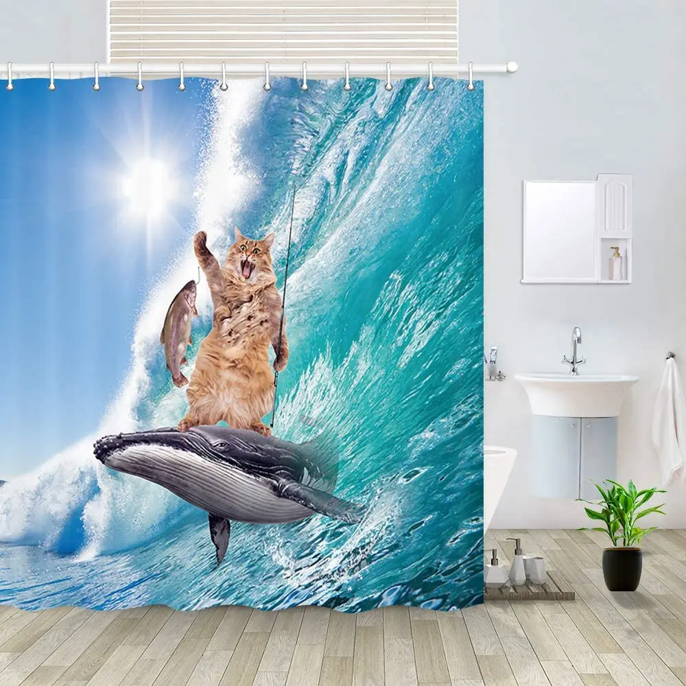 Funny Cat Standing on Whale Fishing on Ocean Rolling Wave Art Shower Curtain