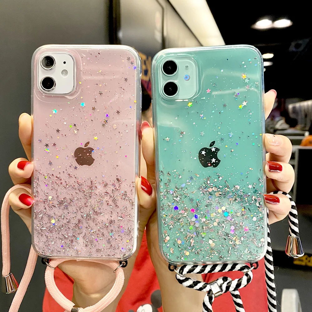 بلينغ بريق حزام الحبل سلسلة جراب هاتف آيفون 13 12 Mini 11 Pro XS Max XR X 6 7 8 Plus 5 S SE 2020 قلادة غطاء الحبل