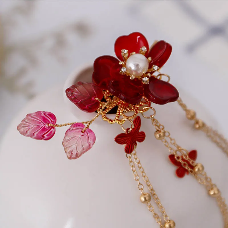 Chinese Style Hair Clip For Women Exquisite Red Flower Hairpins Crystal Headwear Long Butterfly Tassels Jewelry Hair Accessories