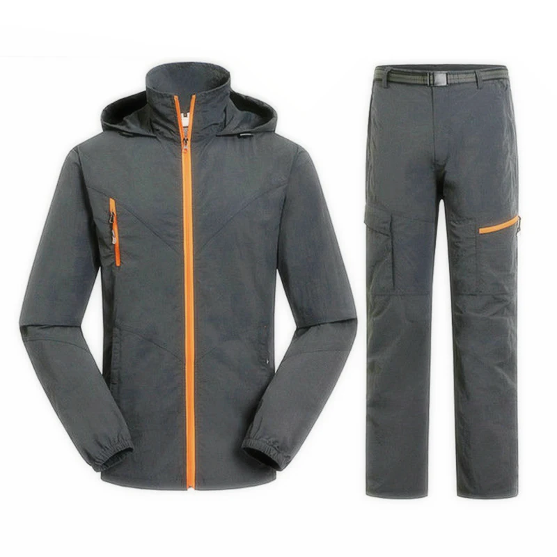 

Men Women Camping Hiking Jacket pants set Outdoor Sport suit Summer Clothing Hooded Jacket Set Sportswear Suit