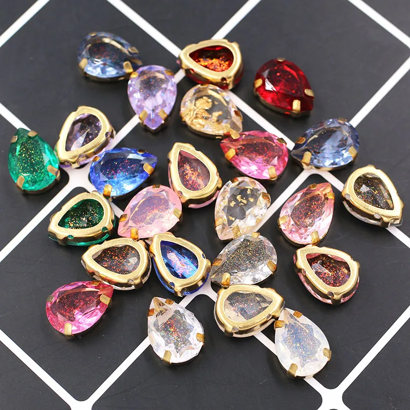 New 10x14mm Teardrop Strass Fancy Resin Gold Claw Setting Rhinestones Sew On Clothing Crafts Jewelry Accessories