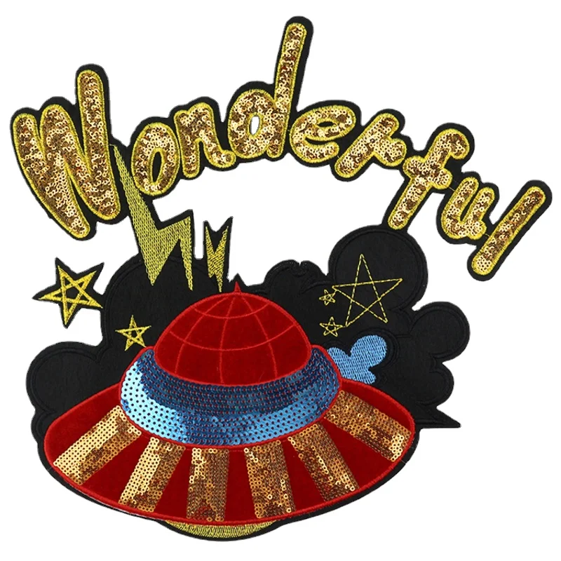 UFO Alien Spaceship Sequins Patches Large Patch for Clothing Jackets Clothes Sticker Sewing on Applique DIY Craft Patch Apparel