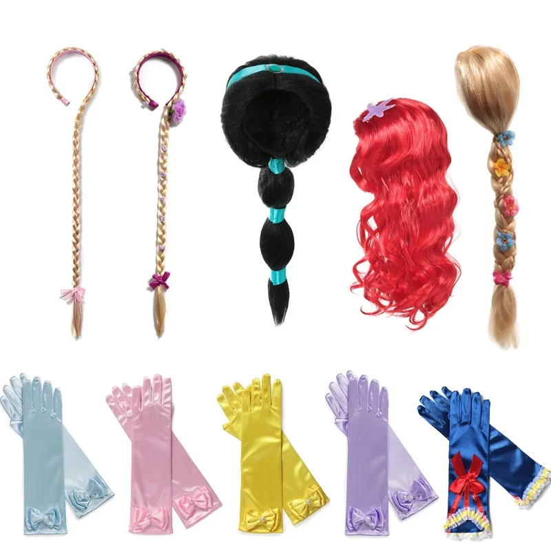 Accesorios de princesa para niños, peluca trenzada de Rapunzel, Jasmine, Elsa, Anna, guantes de Blancanieves, alas, suministro para fiesta de