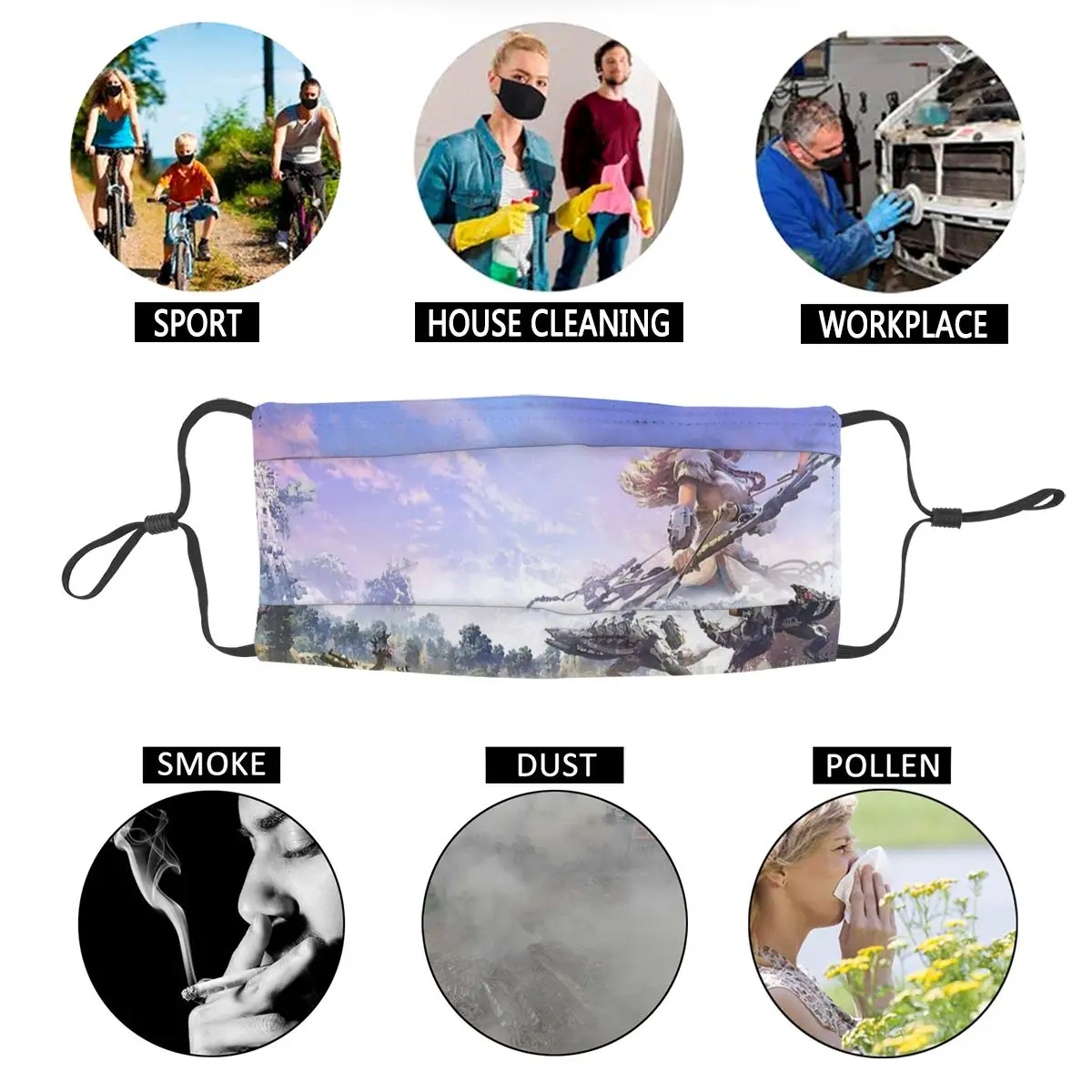 Unisex Staub-proof Mund Abdeckung Maske Berge Mit Schnee Horizon Null Dawn Nora Hunter Aloy Fokus Spiel Atemschutz für männer Frauen