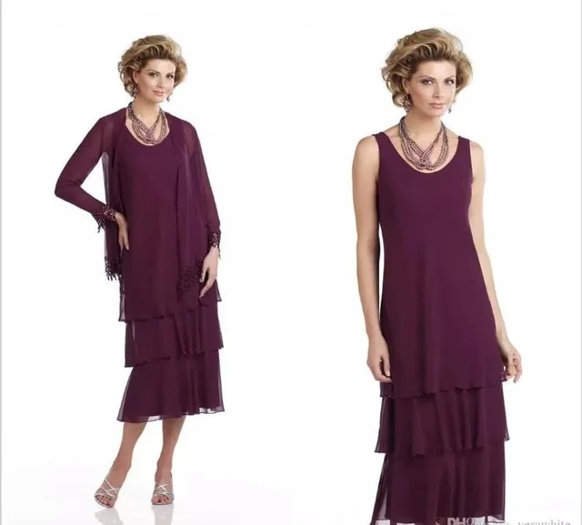 

Purple Mother Of The Bride Dresses Sheath Tea Length With Jacket Chiffon Tiered Groom Short Mother Dresses For Wedding