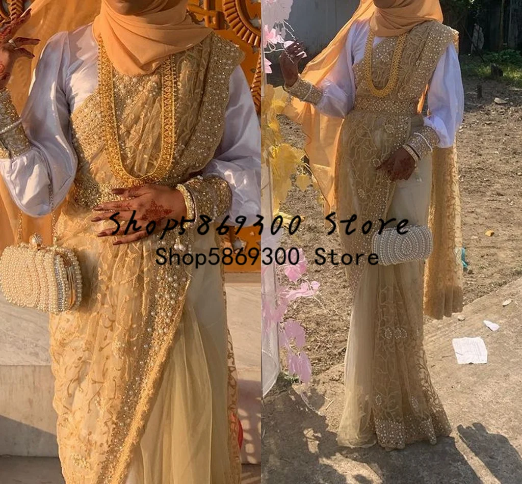 Champagne Gold Muslim Indian Wedding Dresses Luxury Sparkly Beaded Lace Hijab Kaftan Caftan Marocain Long Sleeve Bridal Gowns