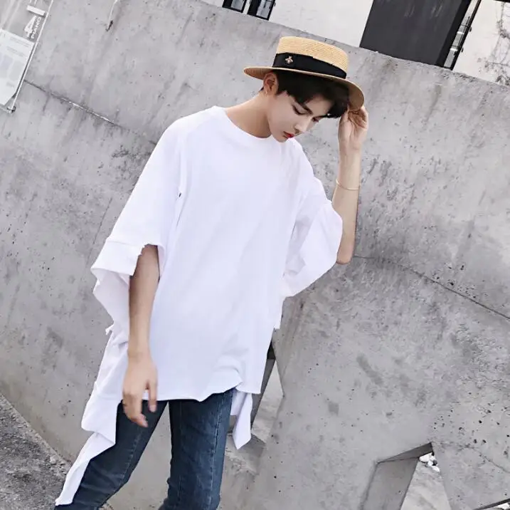 alternative Summer Men personality irregular broken hole tshirts men's short-sleeved t-shirt beggar dress nightclub costume