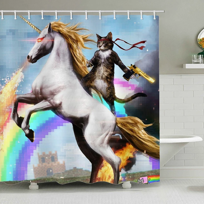 Cat Hero Unicorn With A Gun Shower Curtain Bath Curtains Bathroom For Bathtub Bathing Cover Extra Large Wide 12pcs Hooks Cartoon